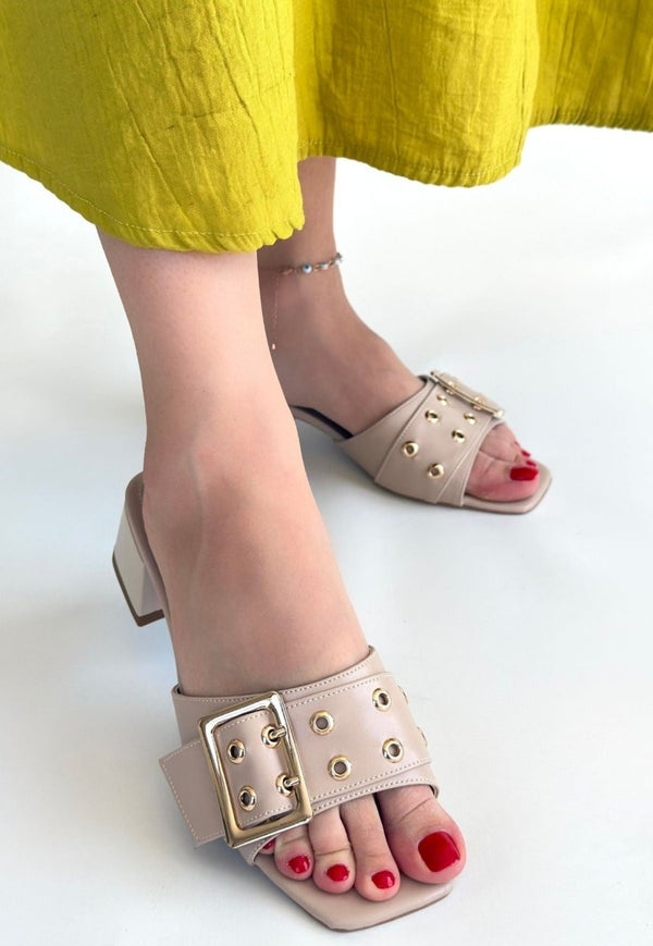 Scarpax Ciey Bej Cilt Topuklu Terlik