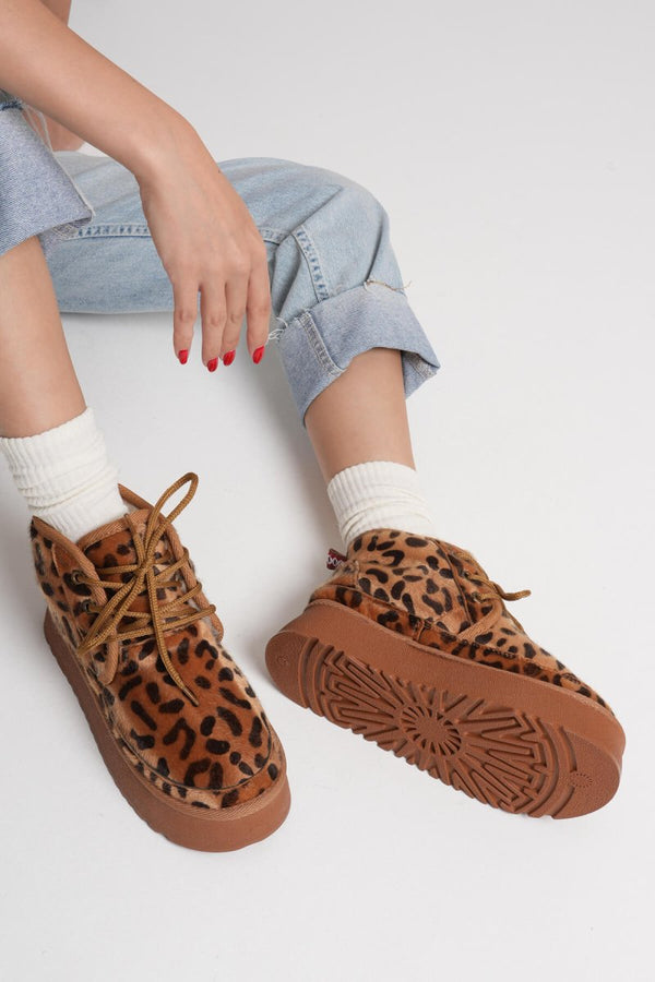 Scarpax Elena Kadın Kışlık İçi Kürklü Kalın Taban Leopar Desen Bot