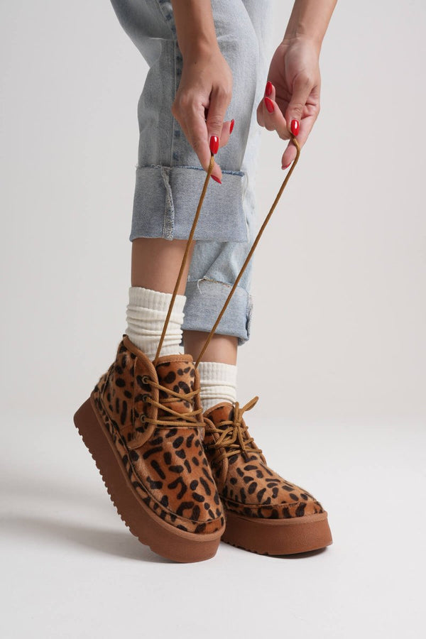 Scarpax Elena Kadın Kışlık İçi Kürklü Kalın Taban Leopar Desen Bot