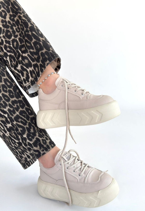 Scarpax Emwa Bej Cilt Bağcıklı Spor Ayakkabı