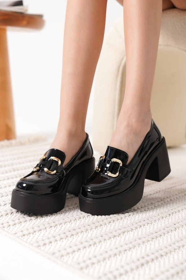 Scarpax Felice Siyah Rugan Gold Tokalı Kadın Loafer