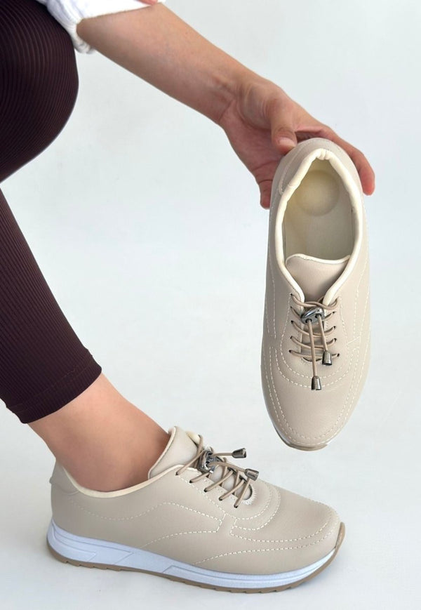 Scarpax Finna Bej Cilt Bağcıklı Spor Ayakkabı