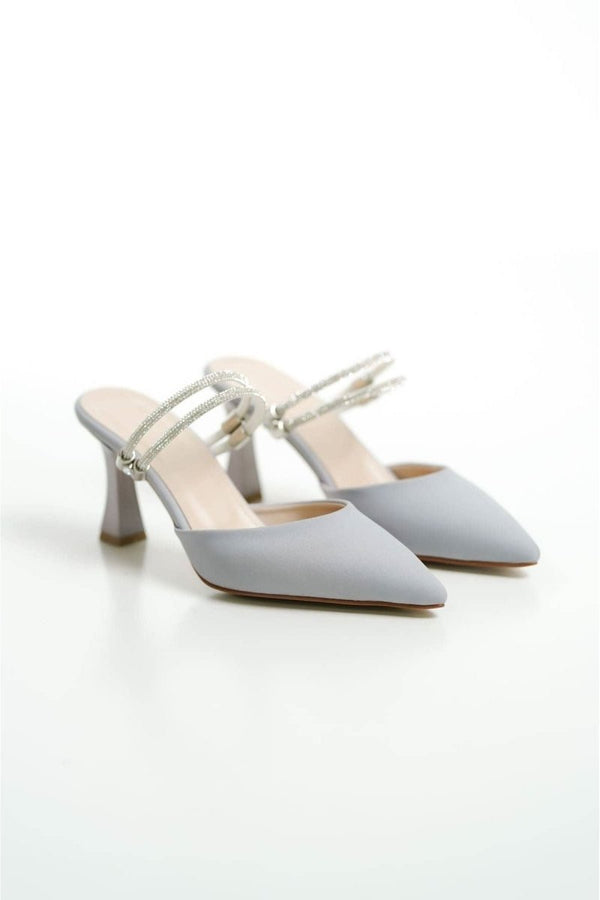 Scarpax Georgina Kadın Taşlı Gri Saten Topuklu Ayakkabı