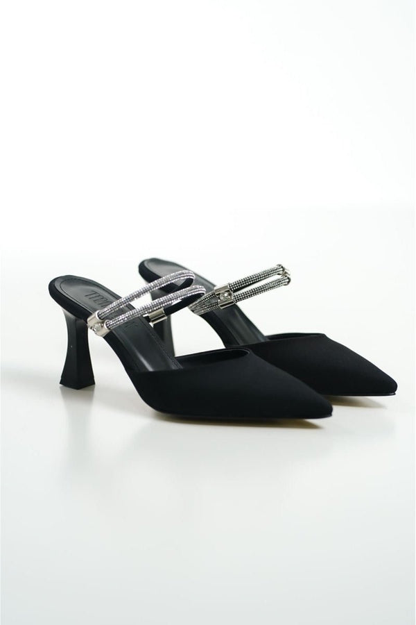 Scarpax Georgina Kadın Taşlı Siyah Saten Topuklu Ayakkabı