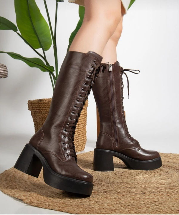 Scarpax Guay Kahverengi Cilt Bağcıklı Topuklu Çizme