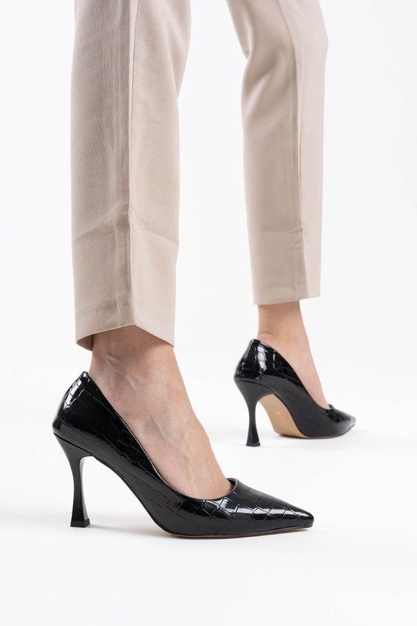 Scarpax Harper Kadın Siyah Kroko Rugan Stiletto - SCARPAX