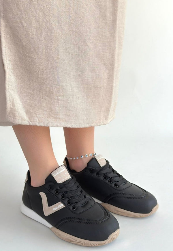 Scarpax Jowen Siyah Cilt Bej Detaylı Bağcıklı Spor Ayakkabı