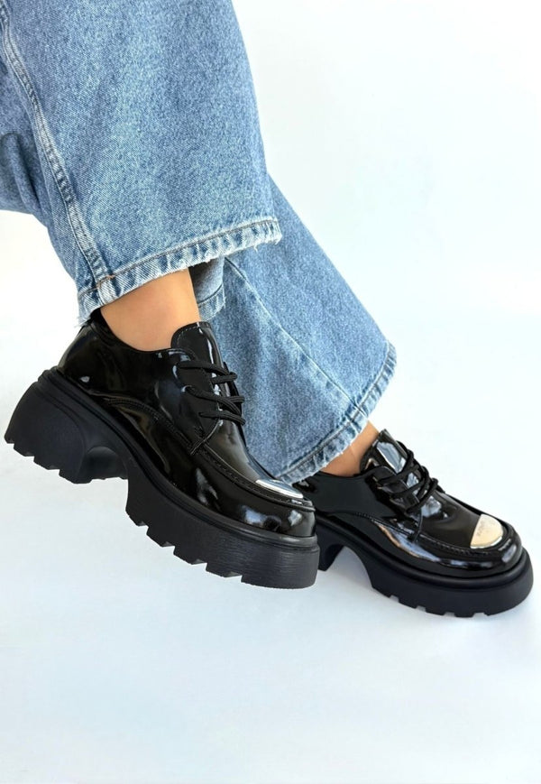 Scarpax Kiya Siyah Rugan Dolgu Topuk Oxford Ayakkabı