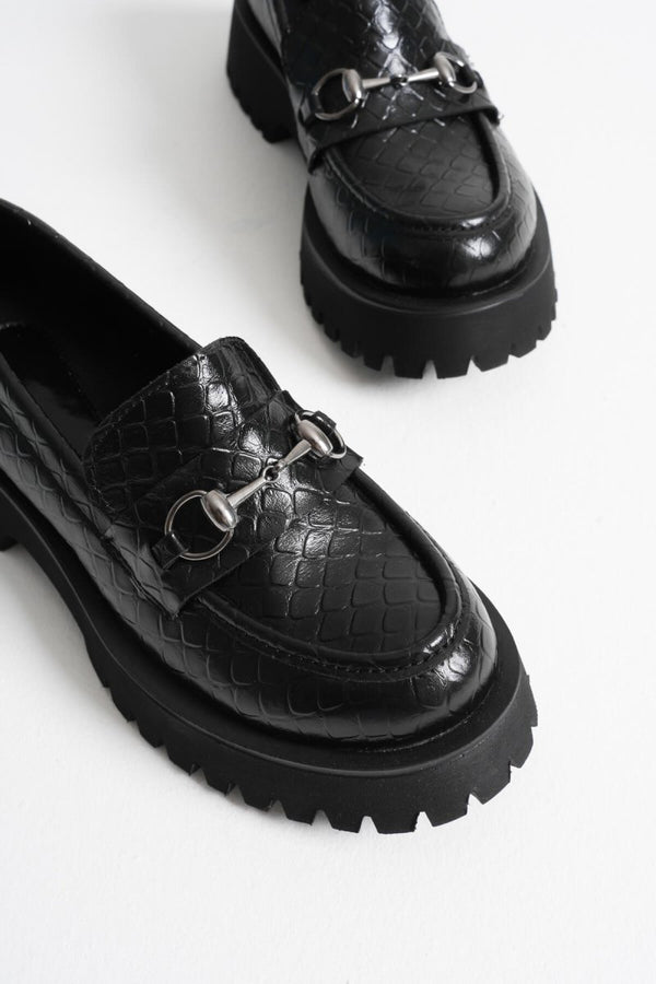 Scarpax Lara Toka Detaylı Siyah Kroko Baskılı Günlük Loafer Ayakkabı