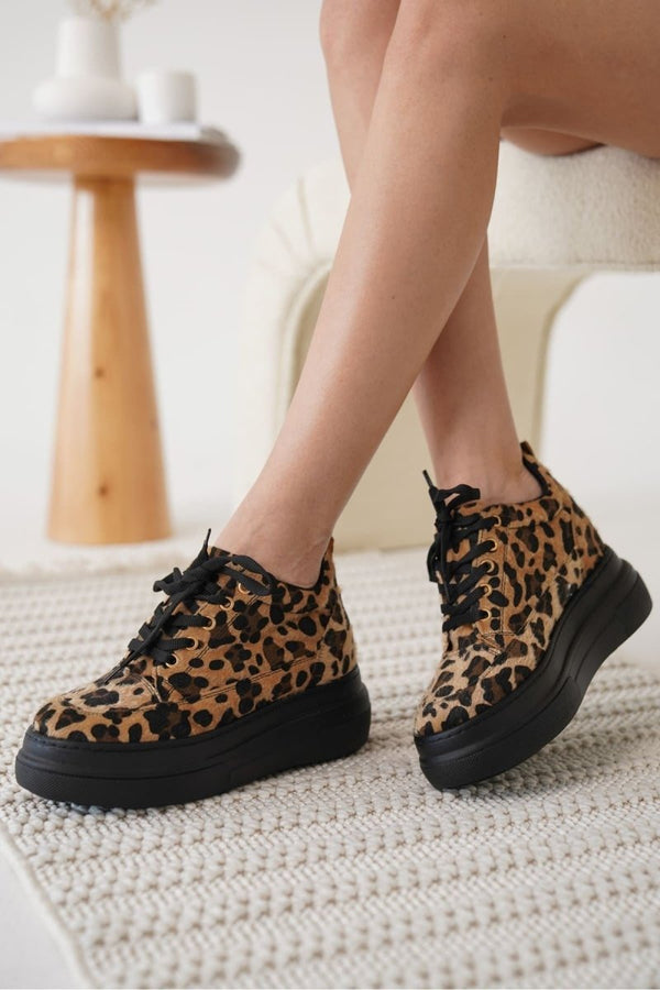 Scarpax Lauren Kadın Gizli Topuk Siyah Taban Leopar Spor Ayakkabı