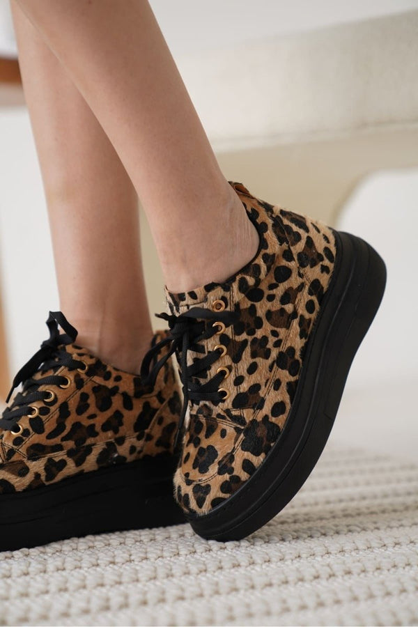 Scarpax Lauren Kadın Gizli Topuk Siyah Taban Leopar Spor Ayakkabı