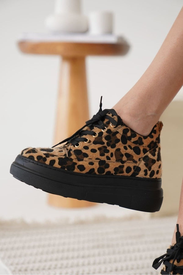 Scarpax Lauren Kadın Gizli Topuk Siyah Taban Leopar Spor Ayakkabı