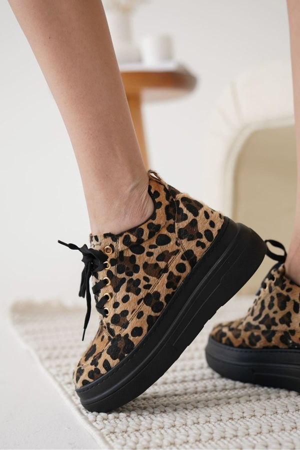 Scarpax Lauren Kadın Gizli Topuk Siyah Taban Leopar Spor Ayakkabı