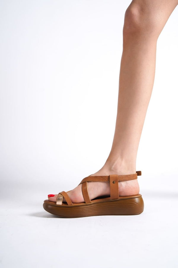 Scarpax Legia Taba Altın Detaylı Hakiki Deri Sandalet