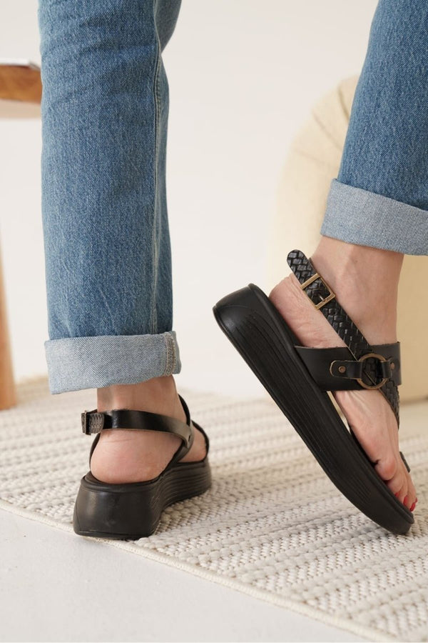 Scarpax Likya Siyah Hakiki Deri Sandalet