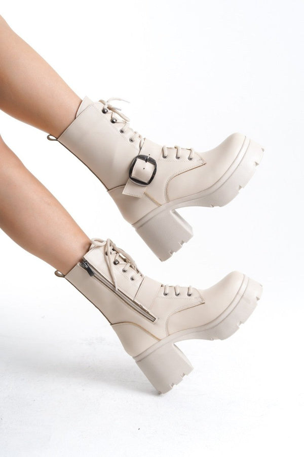 Scarpax Linma Bej Cilt Bağcıklı Topuklu Bot