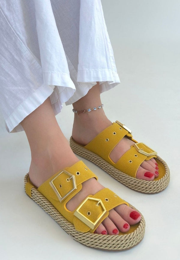 Scarpax Loera Sarı Nubuk Çift Tokalı Terlik