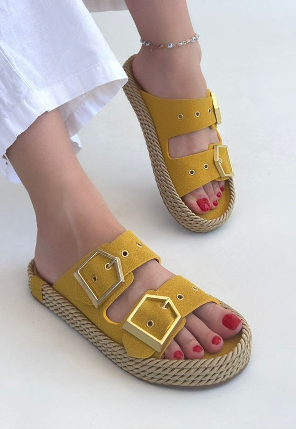 Scarpax Loera Sarı Nubuk Çift Tokalı Terlik