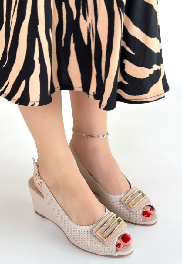 Scarpax Mamba Bej Cilt Dolgu Topuk Ayakkabı