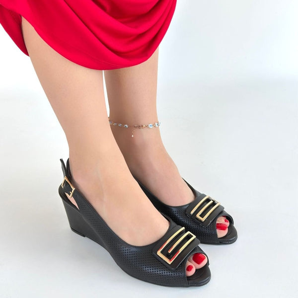 Scarpax Mamba Siyah Cilt Dolgu Topuk Ayakkabı