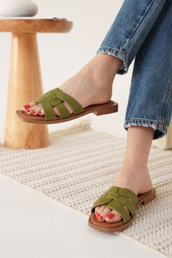 Scarpax Marlen Haki Yeşili Hakiki Deri Terlik