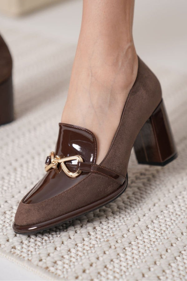 Scarpax Melly Acı Kahve Rugan Süet Detaylı Kadın Topuklu Ayakkabı