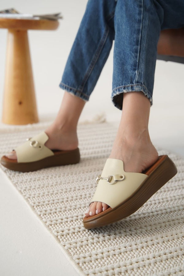 Scarpax Nelly Bej Hakiki Deri Terlik