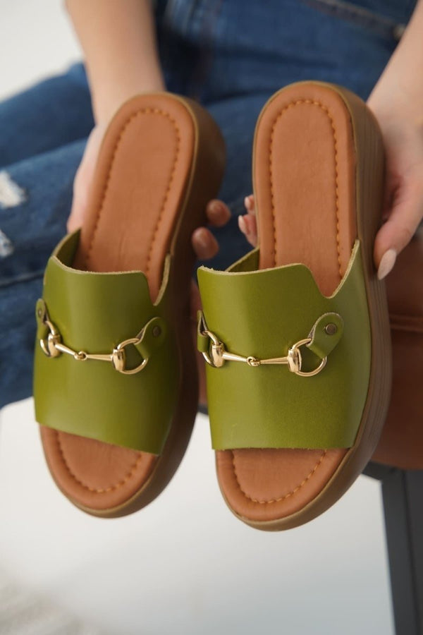 Scarpax Nelly Haki Yeşili Hakiki Deri Terlik