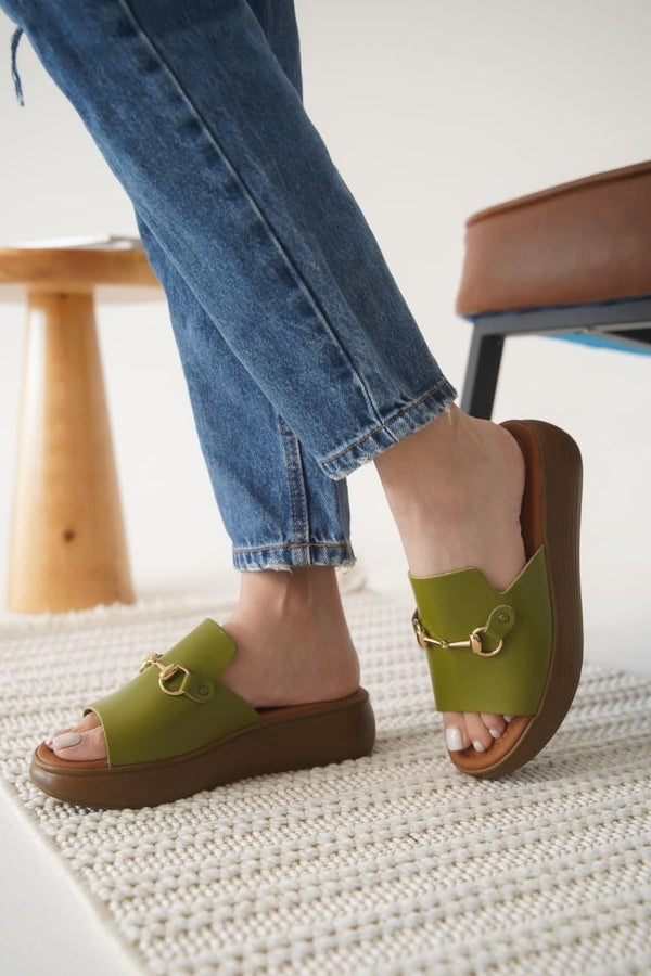 Scarpax Nelly Haki Yeşili Hakiki Deri Terlik