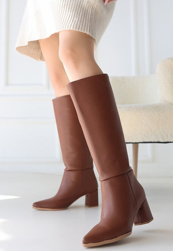 Scarpax Roksa Taba Cilt Topuklu Çizme - TR SCARPAX