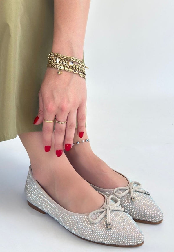 Scarpax Sarra Bej Saten İşlemeli Babet Ayakkabı