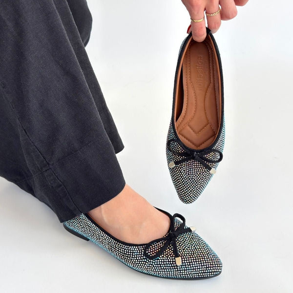 Scarpax Sarra Siyah Saten İşlemeli Babet Ayakkabı