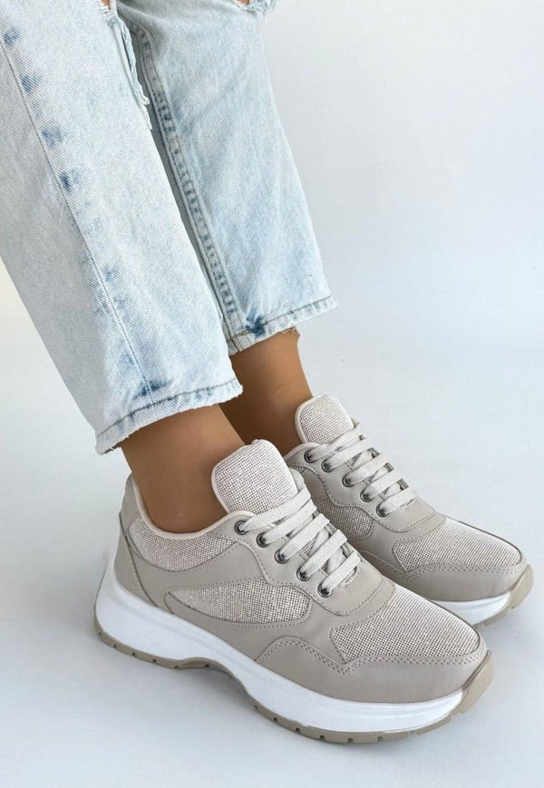 Scarpax Slar Bej Cilt Bağcıklı Spor Ayakkabı