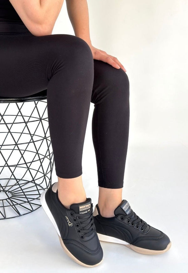 Scarpax Tawen Siyah Cilt Bej Tabanlı Bağcıklı Spor Ayakkabı