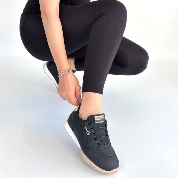 Scarpax Tawen Siyah Cilt Bej Tabanlı Bağcıklı Spor Ayakkabı