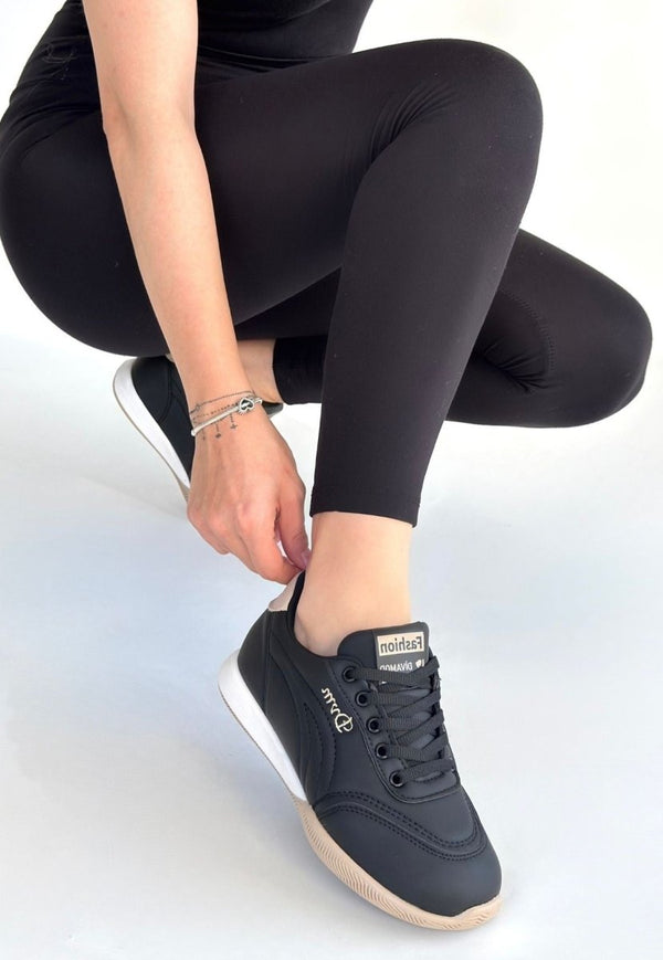 Scarpax Tawen Siyah Cilt Bej Tabanlı Bağcıklı Spor Ayakkabı