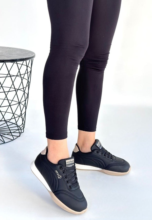 Scarpax Tawen Siyah Cilt Bej Tabanlı Bağcıklı Spor Ayakkabı