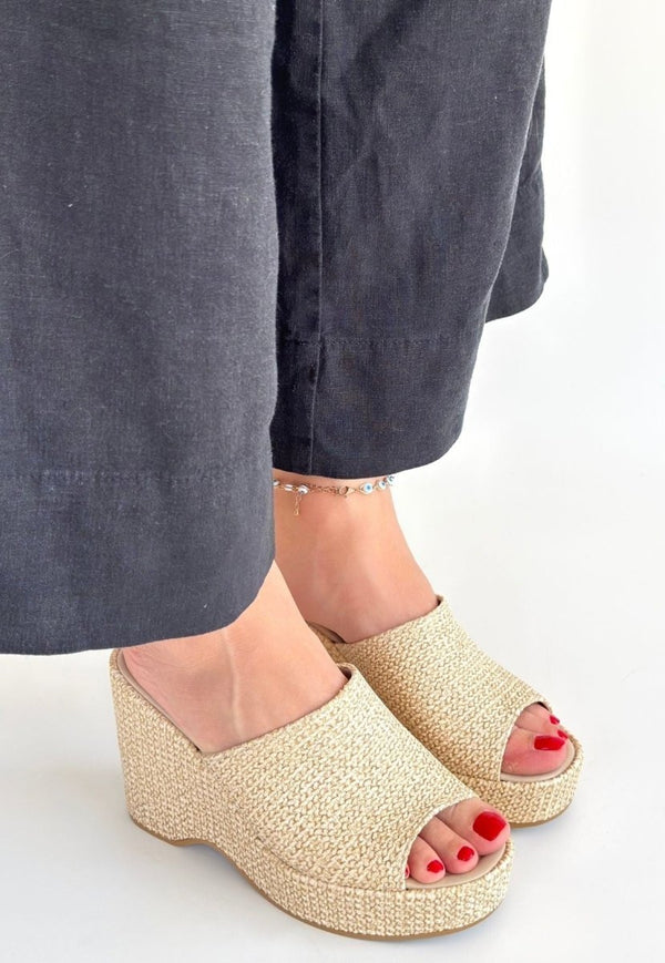 Scarpax Tlay Bej Hasır Dokumalı Dolgu Topuk Terlik