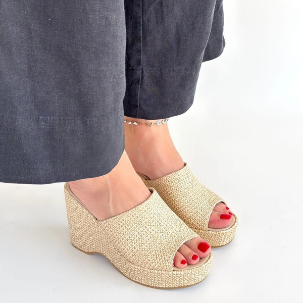 Scarpax Tlay Bej Hasır Dokumalı Dolgu Topuk Terlik