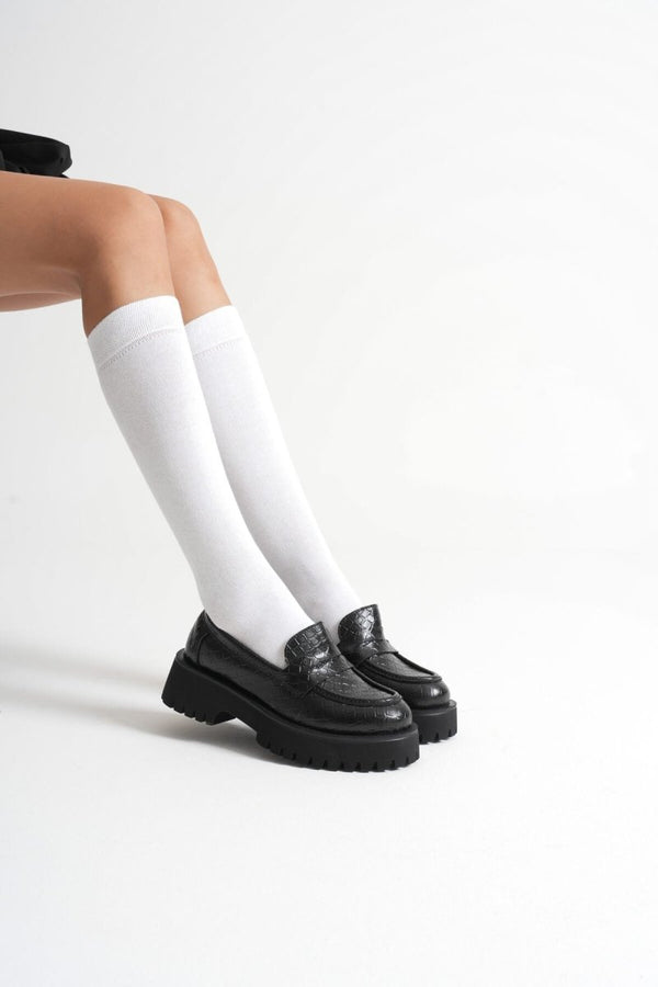 Scarpax Noir Kadın Günlük Siyah Kroko Loafer Ayakkabı
